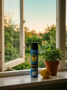 Insecticida Dafne en la ventana de la cocina al atardecer